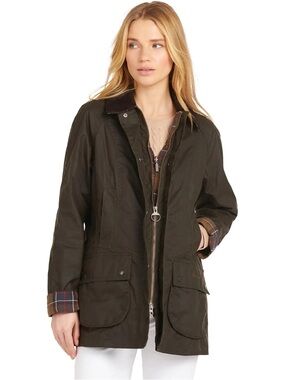 Barbour Olive Green Waxed Jacket with Corduroy Collar SIZE 4 UK / 0 USA (GUC)